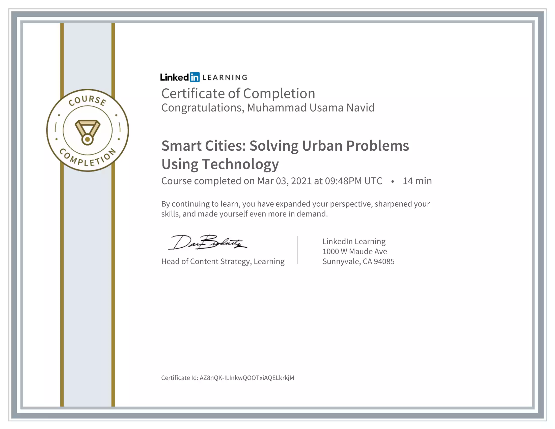 Certificate Of Completion Smart Cities Solving Urban Problems Using Technology Muhammad Usama Navid